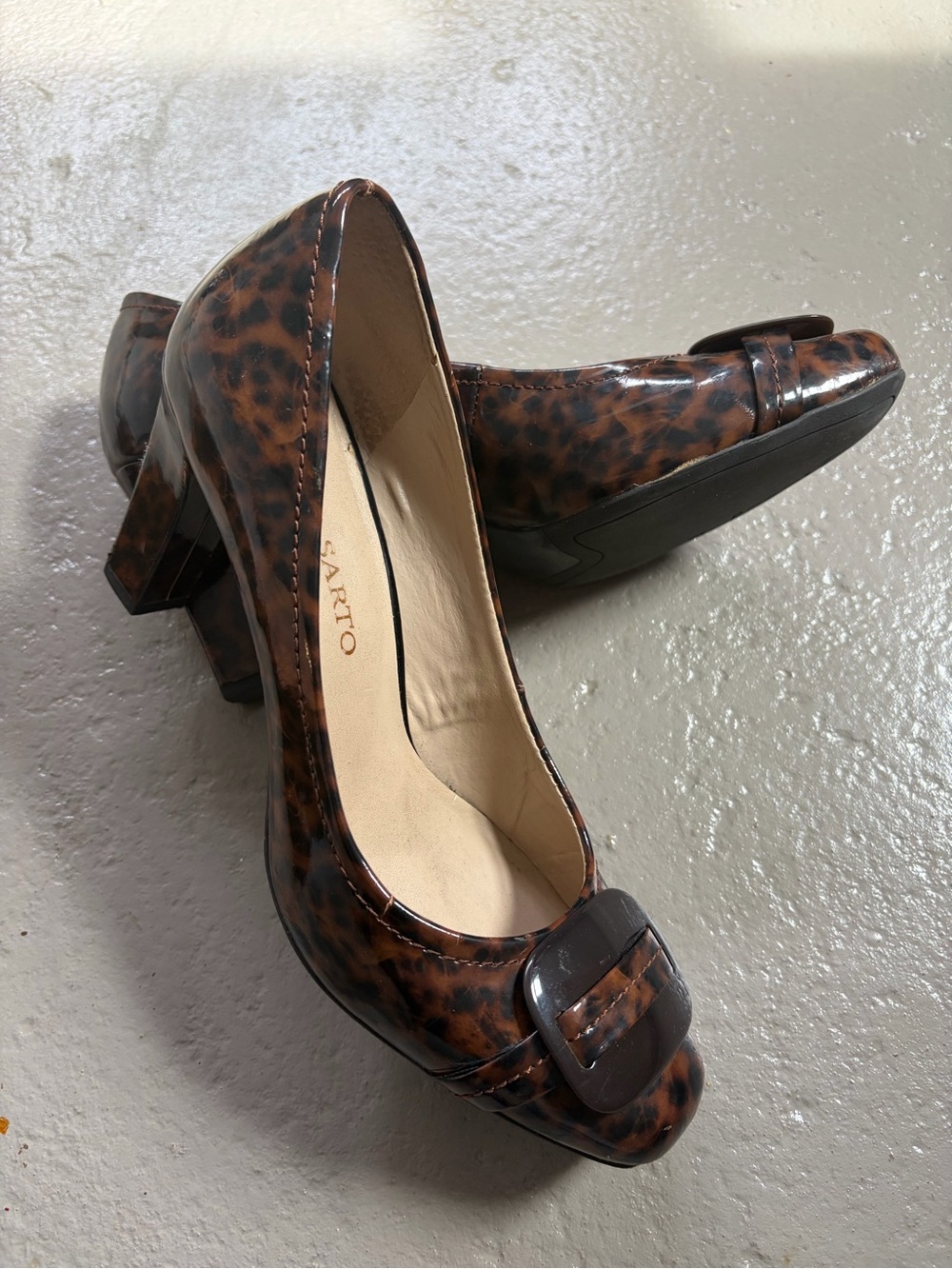 Franco Sarto Brown Leopard Utara Tortoiseshell Patent Leather Mid Heel Pumps